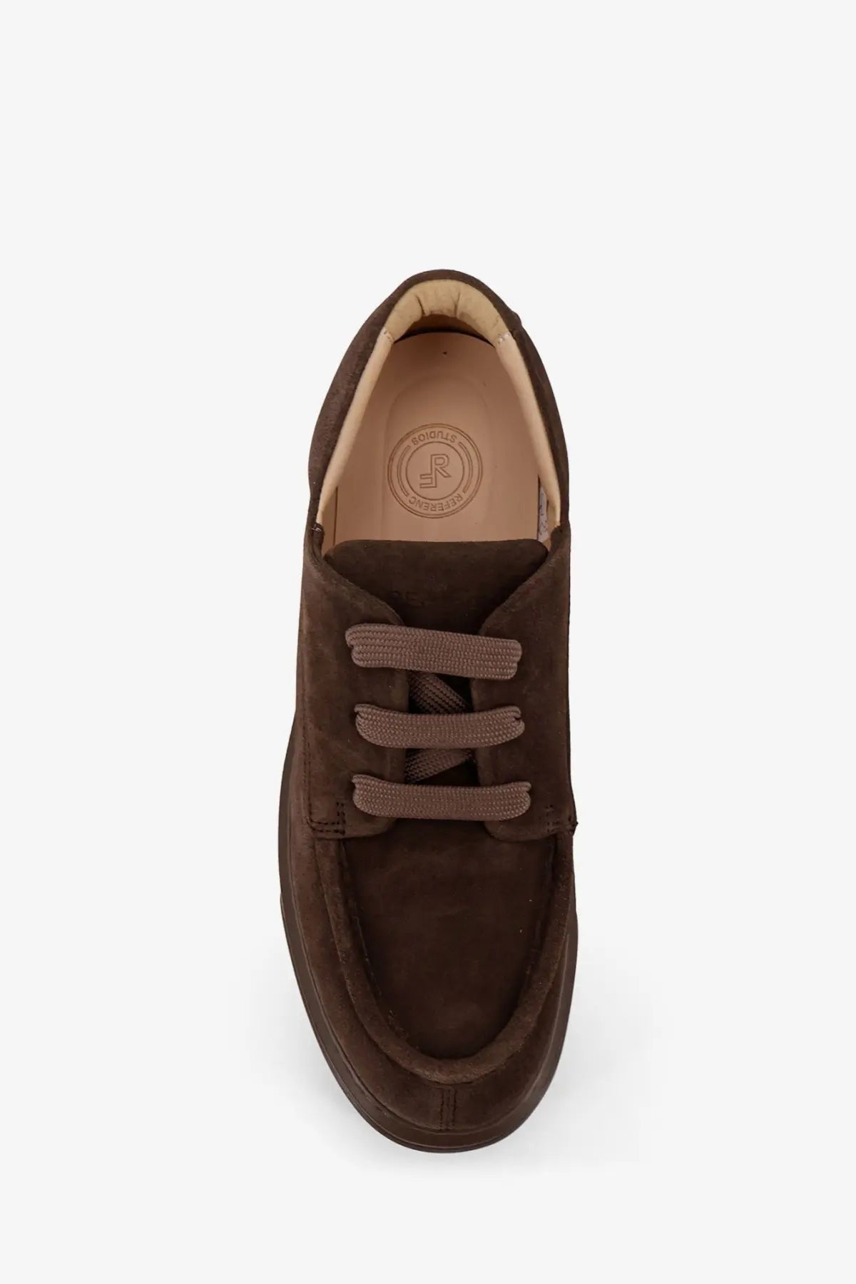 Reference men’s tahoe brown suede slip-on shoes with matching fabric laces and tan interior lining