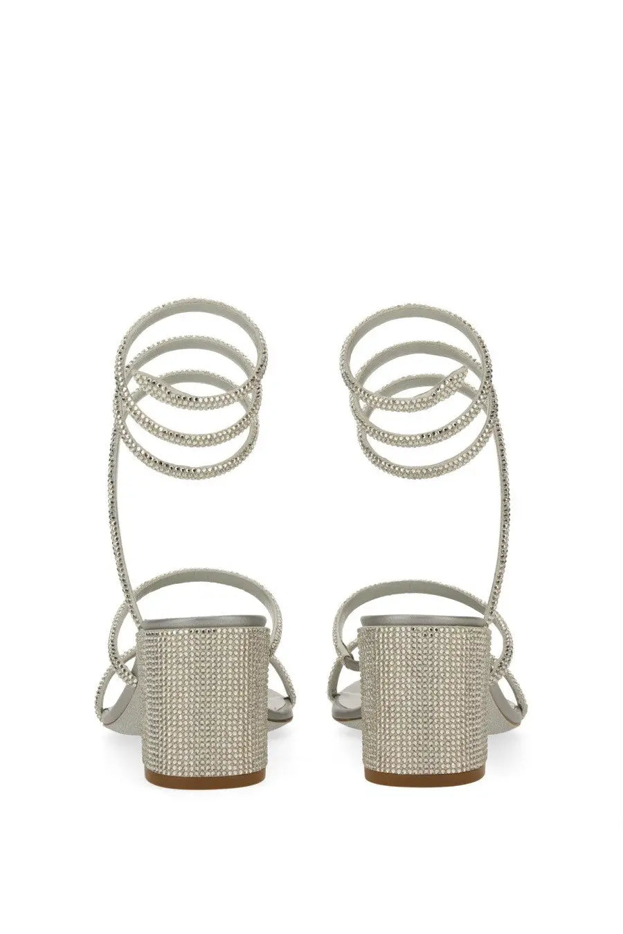 Rene Caovilla women’s silver wraparound sandals with crystal embellishments and chunky heel front view