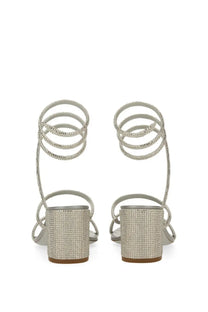 Rene Caovilla women’s silver wraparound sandals with crystal embellishments and chunky heel front view
