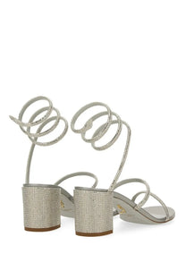 Rene Caovilla women’s cleo sandal silver with sparkling rhinestone embellished straps and block heel high-heeled sandal