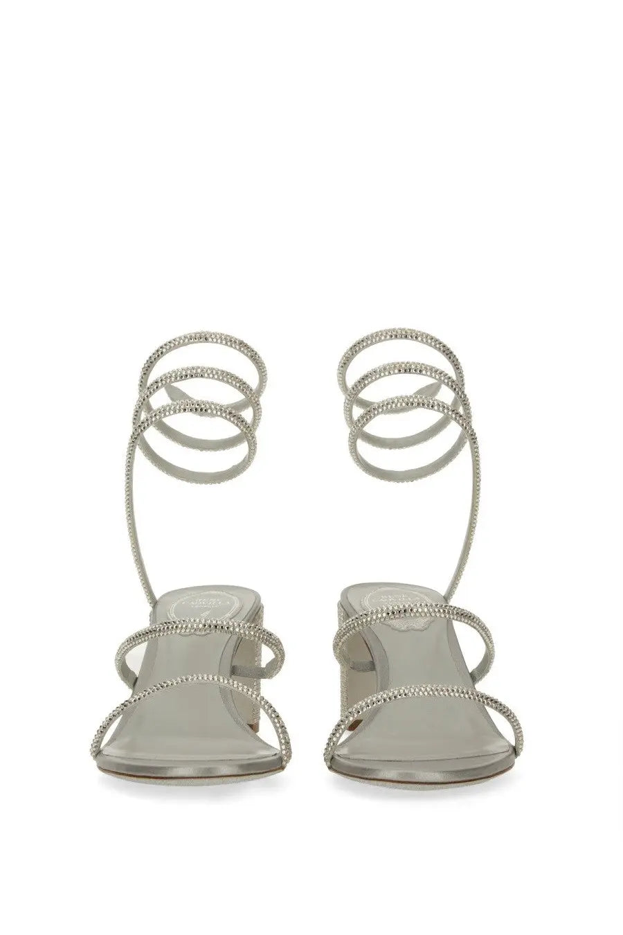 Rene Caovilla women’s cleo sandal silver high-heeled with multiple crystal-encrusted straps and sleek modern design