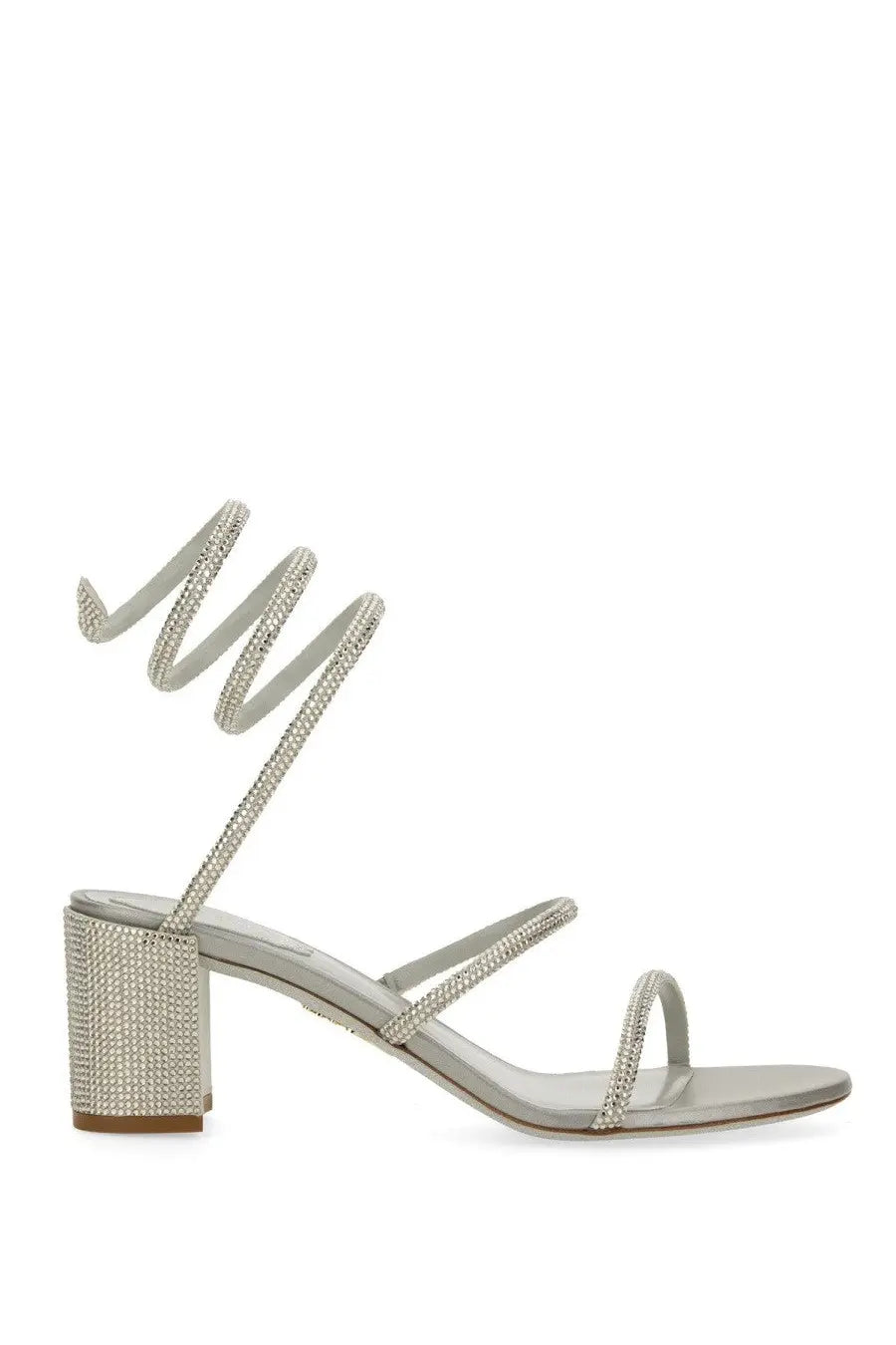 Rene Caovilla women’s silver strappy sandal with sparkling rhinestone spiral ankle strap and block heel front view