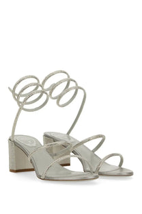 Rene Caovilla women’s cleo silver strappy sandals with sparkling rhinestone design and chunky heel