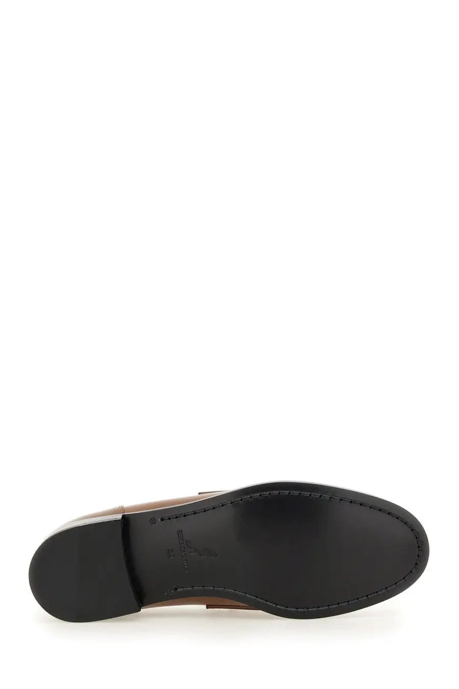 Rene Caovilla women’s beige leather loafer with brown leather upper black rubber sole and stitched detailing