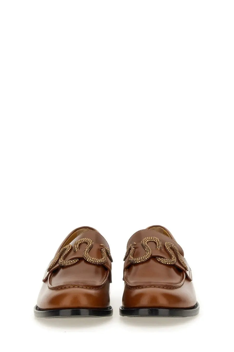 Rene Caovilla women’s beige leather loafers with brown color and decorative beaded chain-link design across front