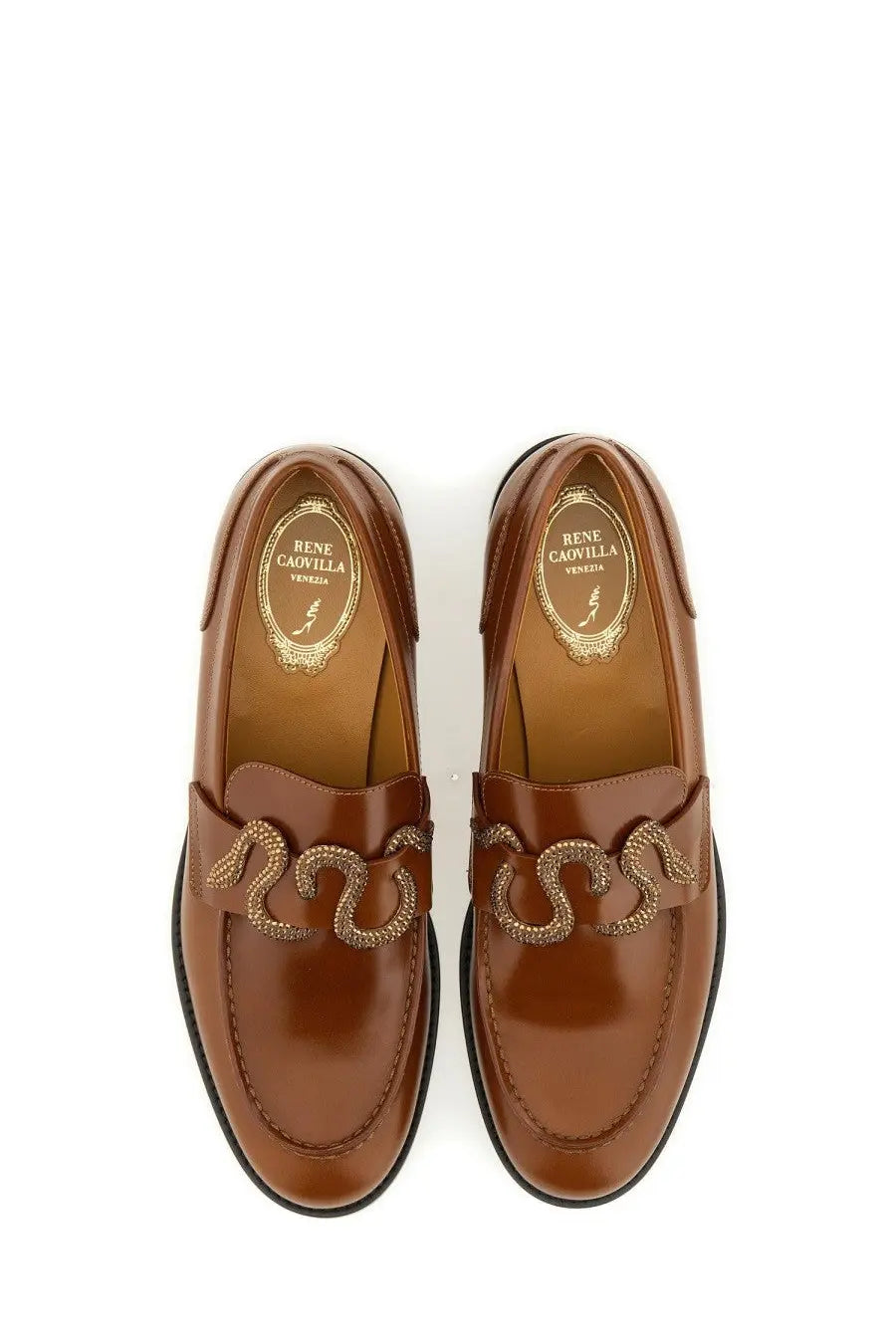 Brown leather Rene Caovilla women’s loafer with beige tone and decorative beaded chain detail across the vamp