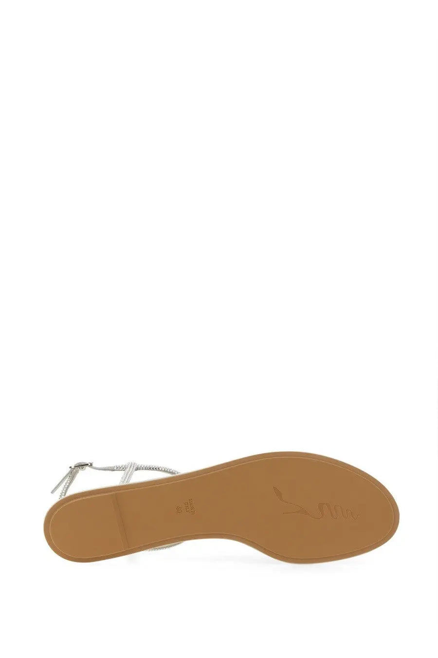 Rene Caovilla women’s silver sandal Diana with strappy design tan rubber sole and subtle insole branding