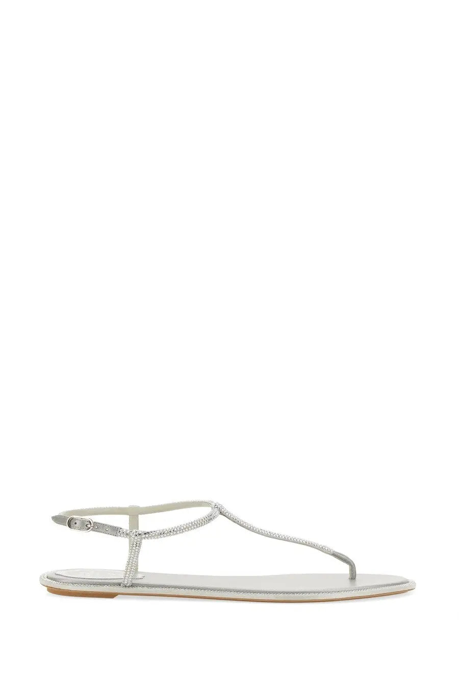 Rene Caovilla women’s silver t-strap sandal with sparkling rhinestone detailing along straps and sole