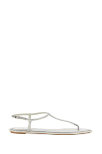 Rene Caovilla women’s silver t-strap sandal with sparkling rhinestone detailing along straps and sole