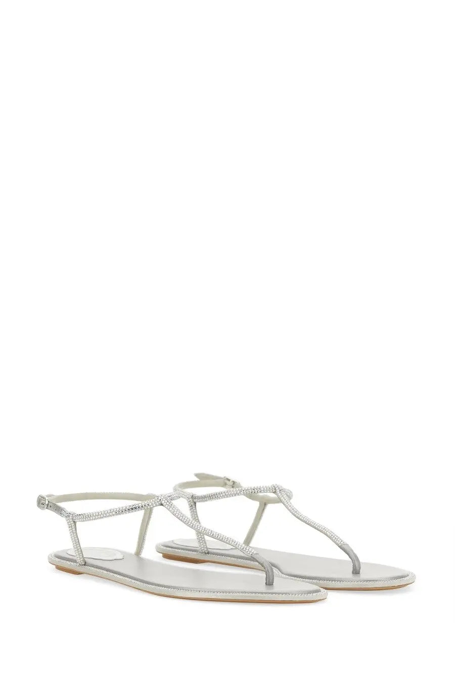 Rene Caovilla women’s silver t-strap sandal diana with delicate sparkling embellishments and flat sole