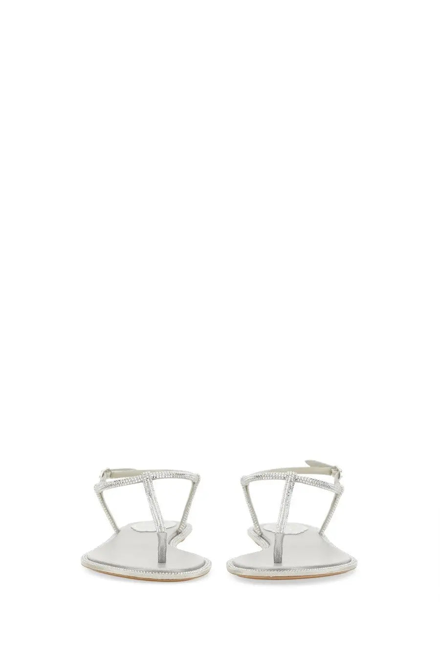 Rene caovilla women’s silver thong sandals with delicate strappy design and sparkling rhinestones along straps and edges