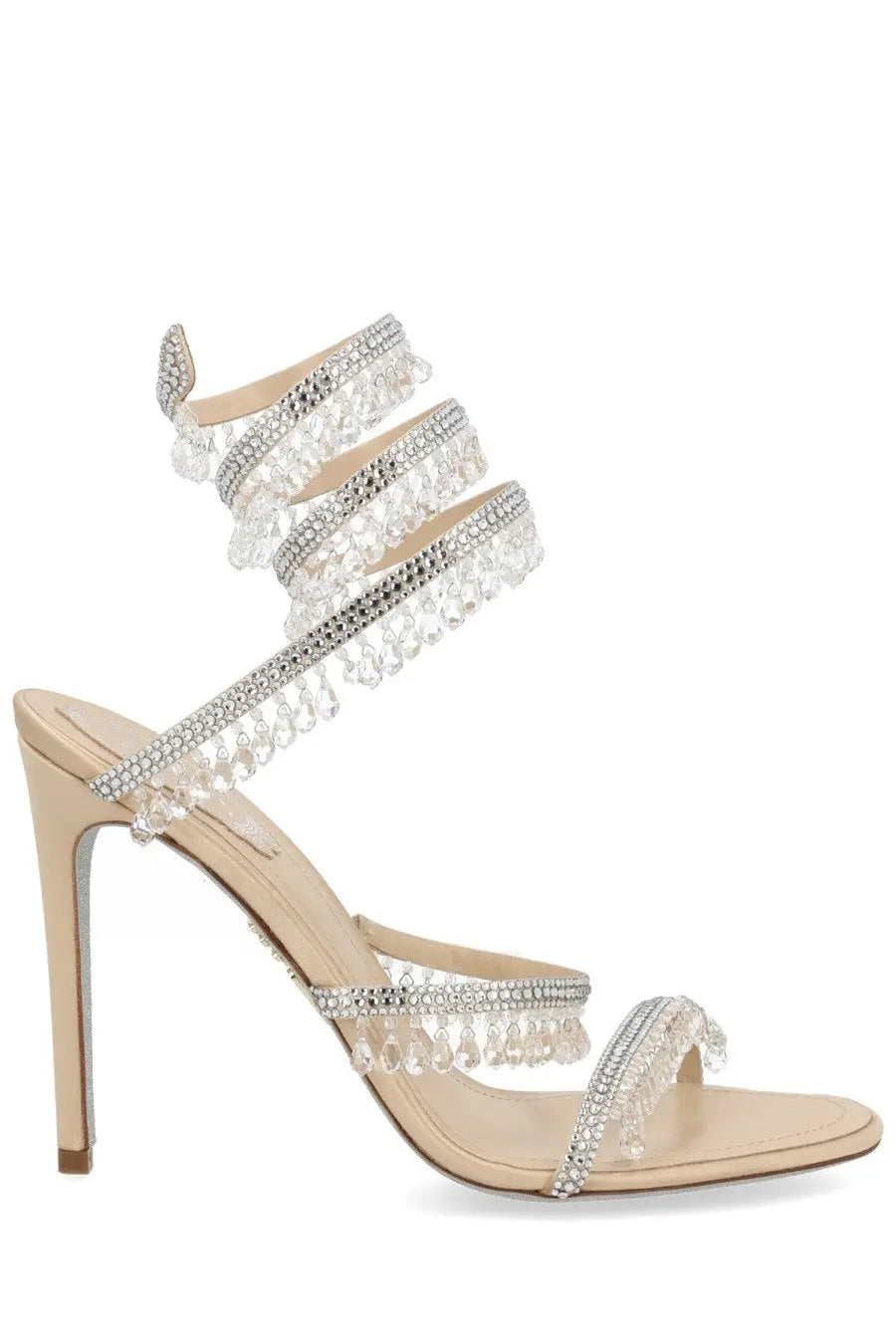 Beige high-heeled sandal by Rene Caovilla with spiral ankle strap featuring sparkling crystals and dangling teardrop beads