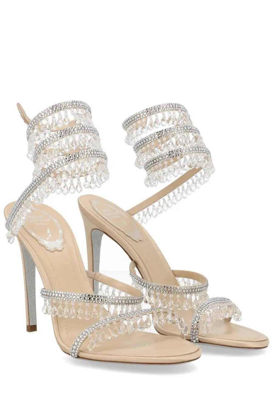 Beige high-heeled sandals by rene caovilla with intricate silver crystal straps and dangling clear bead accents
