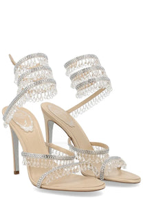 Beige high-heeled sandals by rene caovilla with intricate silver crystal straps and dangling clear bead accents