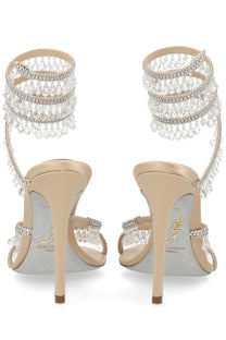 Beige high-heeled sandals by rene caovilla with sparkling crystal and rhinestone tiers on ankle straps
