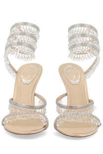Beige high-heeled sandals by Rene Caovilla featuring sparkling crystal rows and dangling teardrop charms