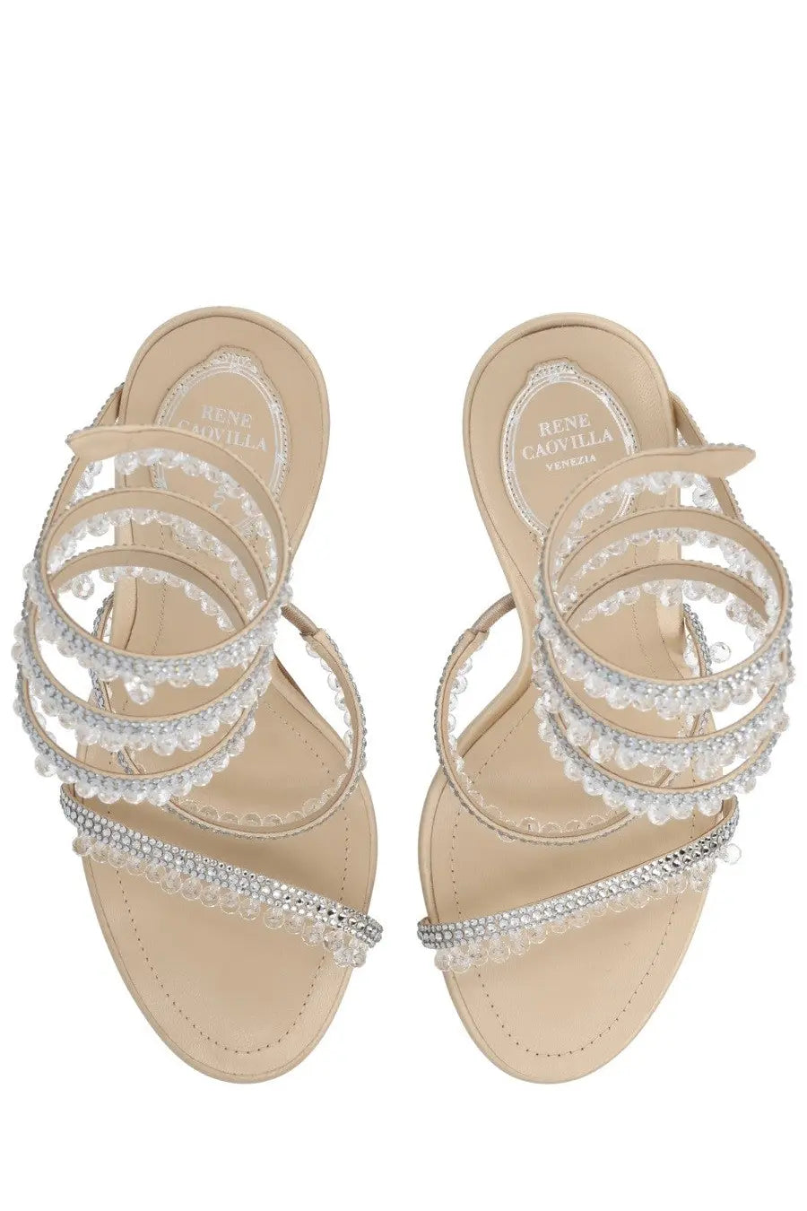 Rene Caovilla women’s sandalo chandelier beige strappy sandals with clear and silver crystal tiers on the straps