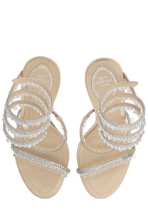 Rene Caovilla women’s sandalo chandelier beige strappy sandals with clear and silver crystal tiers on the straps