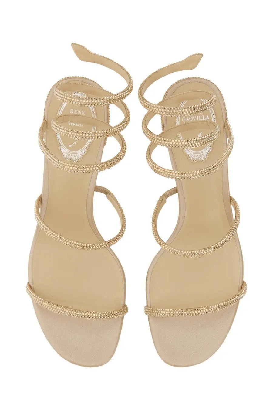 Rene Caovilla women’s Sandalo Cleo beige high-heeled sandals with gold-tone rhinestone-embellished straps