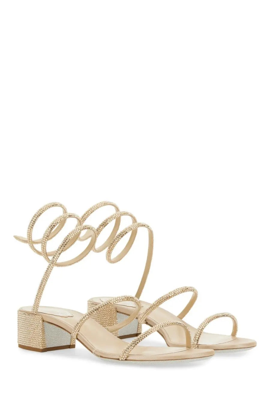 Rene Caovilla women’s beige strappy sandals with rhinestone detailing and textured block heel