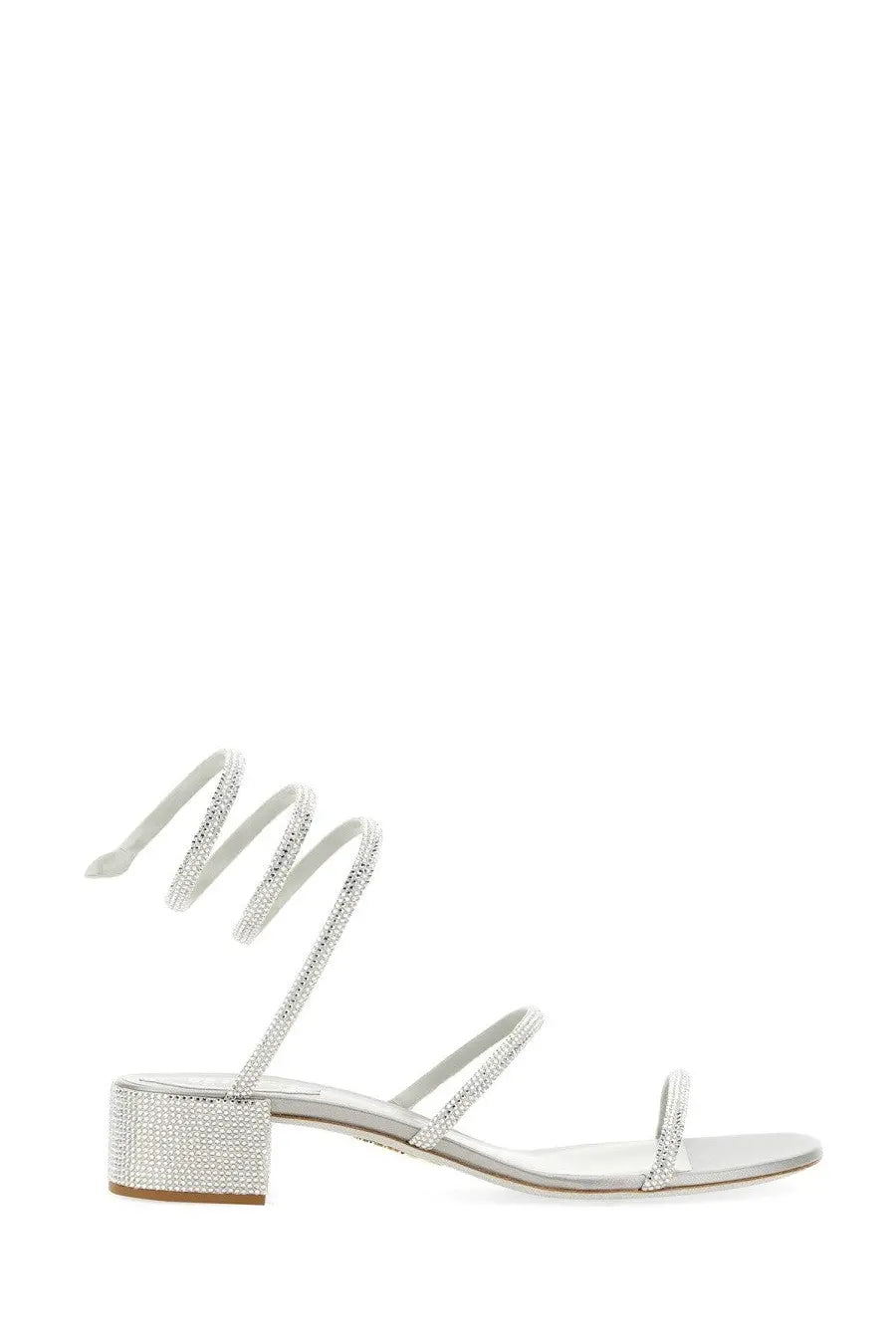 Rene caovilla women’s silver sandalo cleo sandal with crystal-embellished spiral straps and block heel