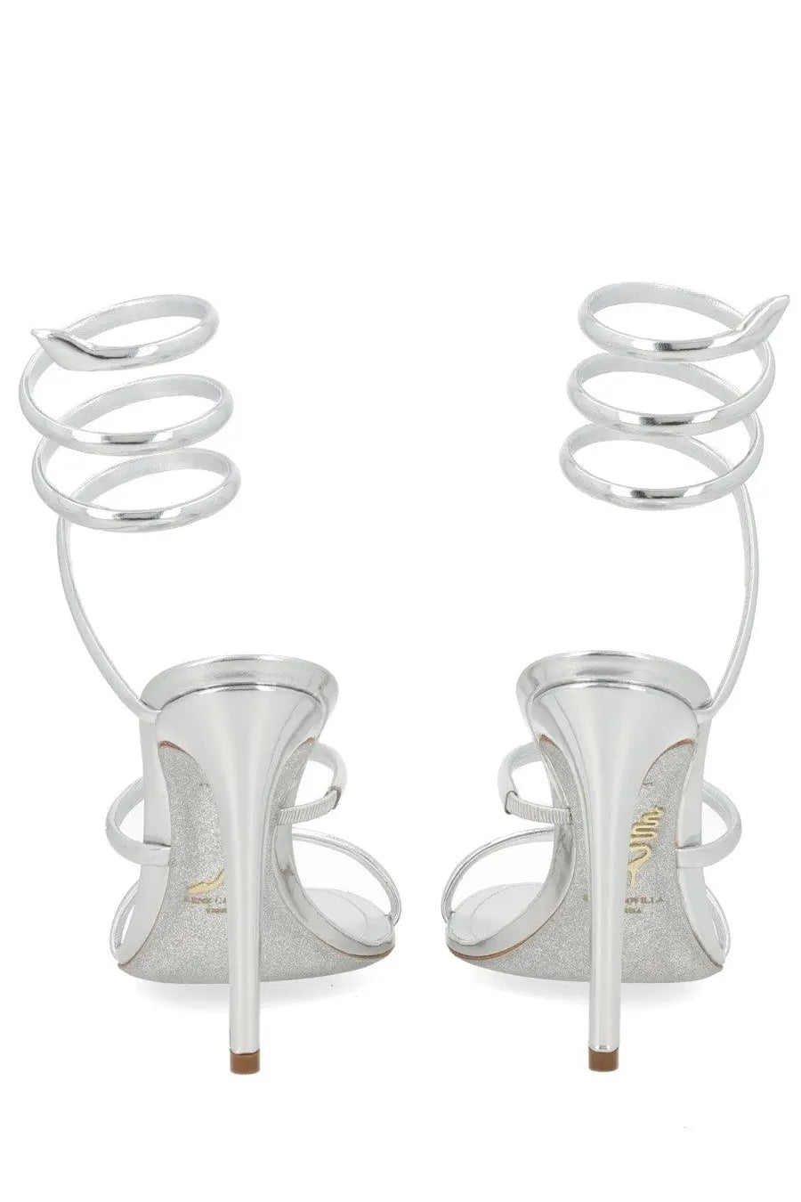 Rene Caovilla women’s sandalo Cleo silver sandals with silver metallic spiral straps and thin high heels