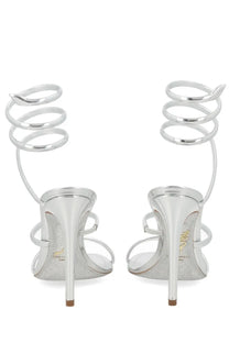 Rene Caovilla women’s sandalo Cleo silver sandals with silver metallic spiral straps and thin high heels