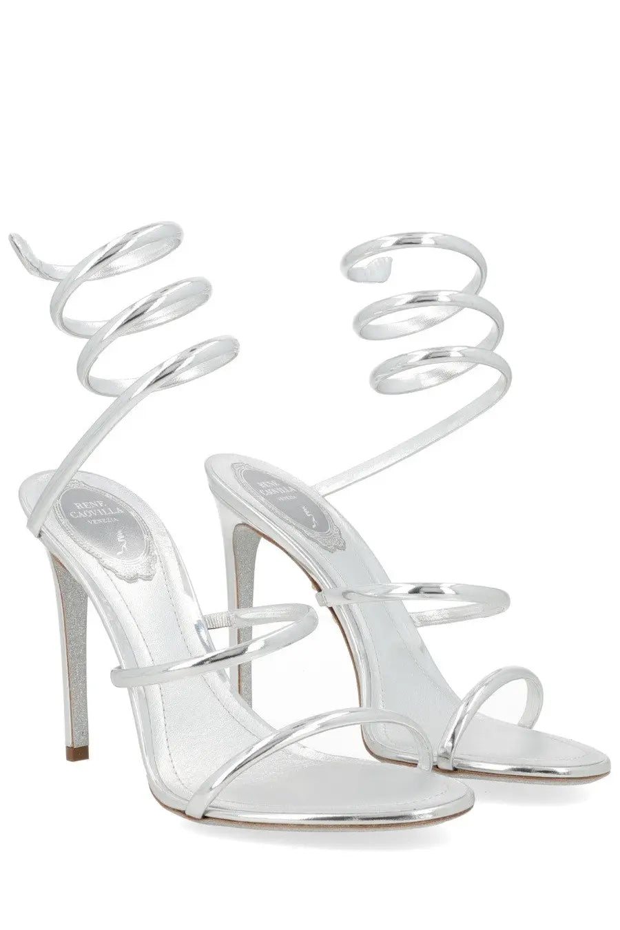 Rene Caovilla women’s silver metallic high-heeled sandals with spiral straps and a modern sleek design