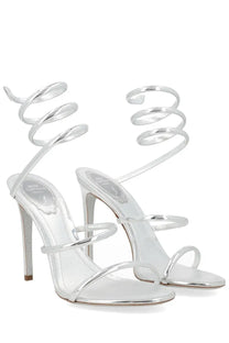 Rene Caovilla women’s silver metallic high-heeled sandals with spiral straps and a modern sleek design