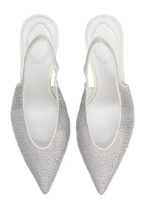 Rene Caovilla women’s slingback Jinny silver heels with silver crystal embellishments white leather interior and platform sole