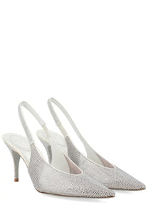 Rene Caovilla women’s slingback jinny silver heels with silver crystal embellishments pointed toe and high heel