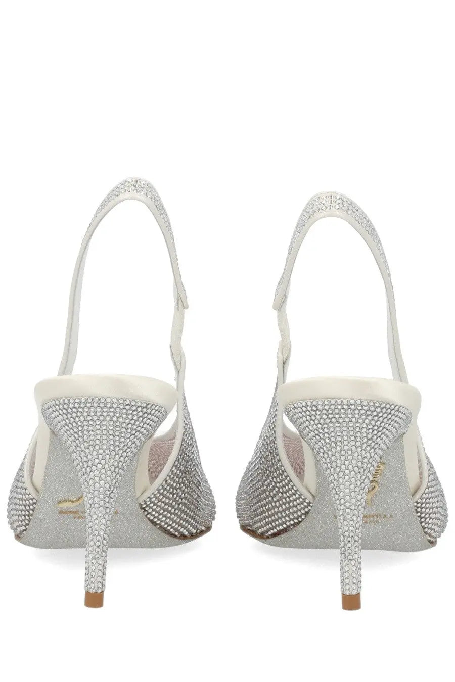 Rene caovilla women’s slingback jinny silver heels with silver crystal embellishments and slender high heel