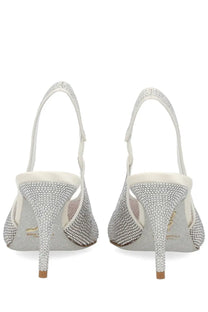 Rene caovilla women’s slingback jinny silver heels with silver crystal embellishments and slender high heel