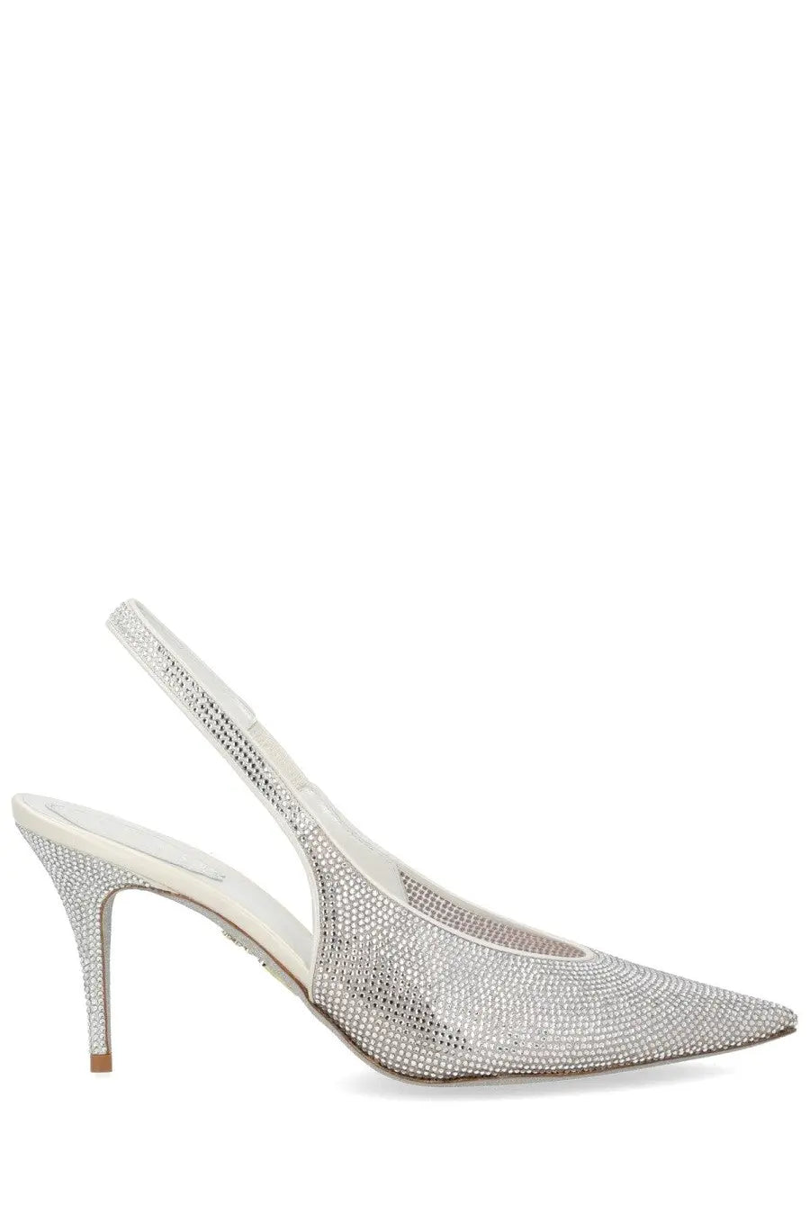 Rene Caovilla women’s slingback Jinny silver heel with silver crystal embellishments pointed toe and slender stiletto sole