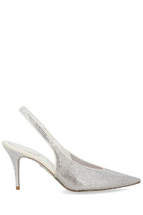 Rene Caovilla women’s slingback Jinny silver heel with silver crystal embellishments pointed toe and slender stiletto sole