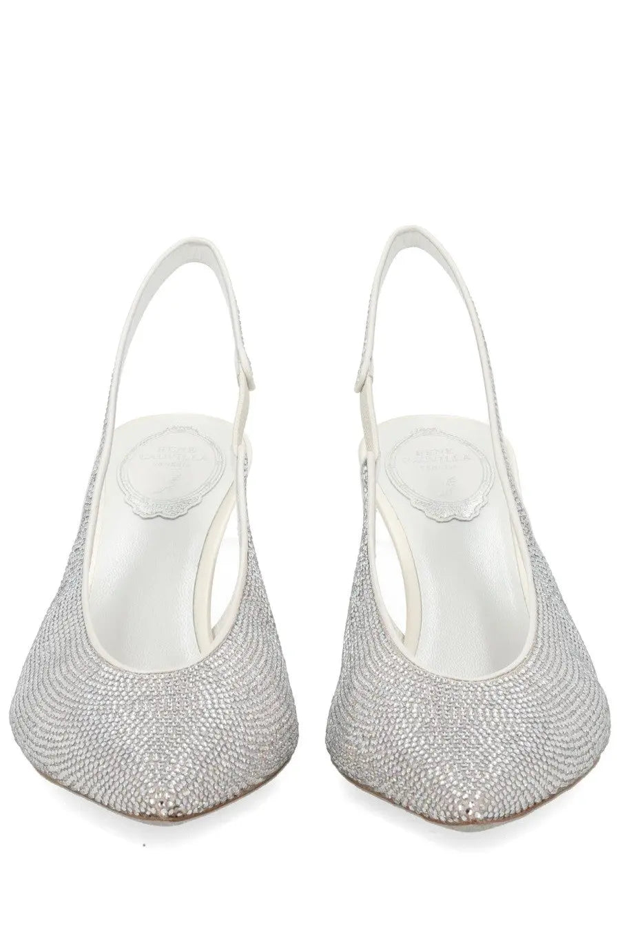 Rene Caovilla women’s slingback jinny silver glittery heels with pointed toe and delicate ankle strap