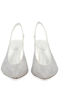 Rene Caovilla women’s slingback jinny silver glittery heels with pointed toe and delicate ankle strap