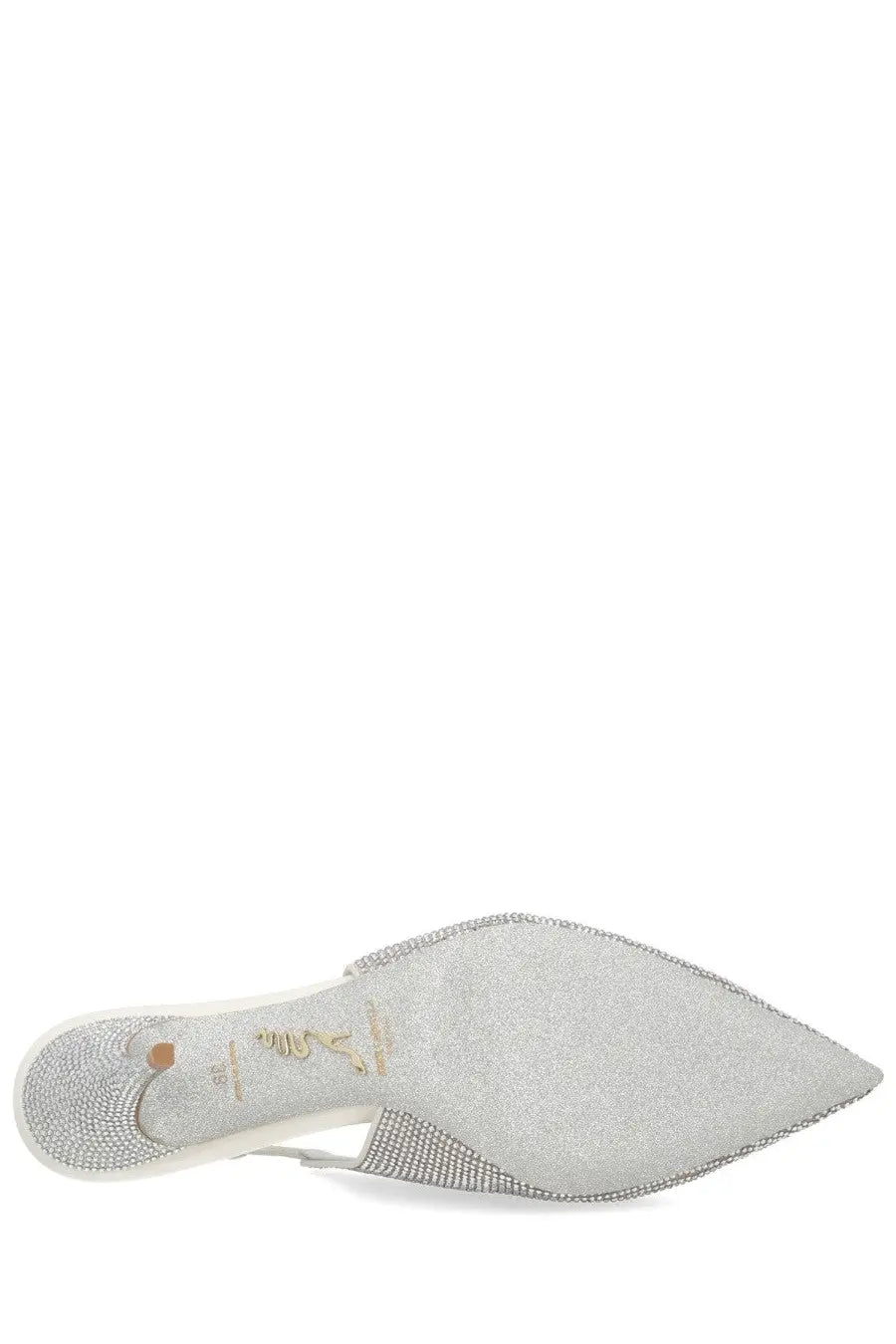 Rene Caovilla women’s slingback jinny silver mule shoe with pointed toe and silver rhinestone embellishments