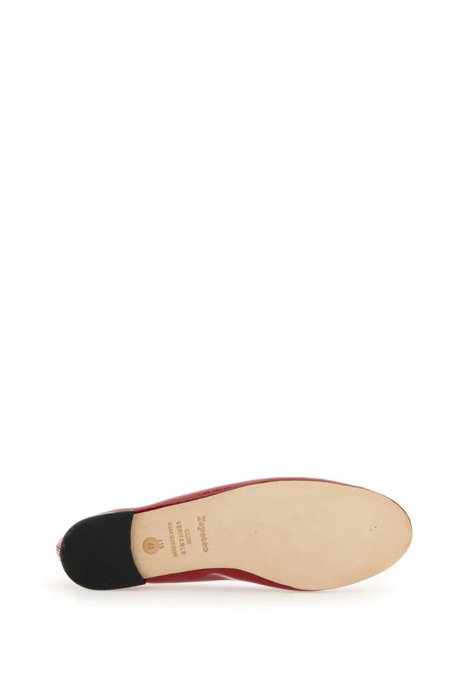 Red patent leather flat ballerina shoe with black rubber heel and beige insole by Repetto women’s Cendrillon