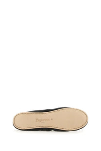 Black leather slip-on ballerina shoe with light tan insole featuring the repetto brand name for women