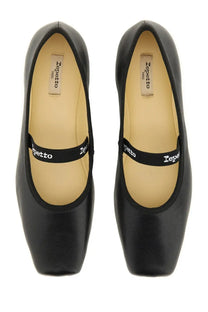 Repetto Women’s Ballerina Lisbeth black leather flats with square toe and black elastic strap with white branding