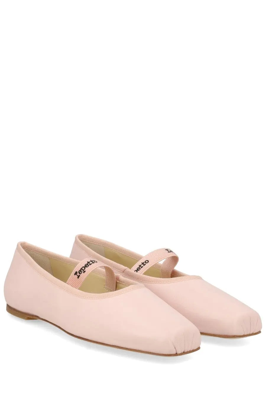 Soft pink Repetto women’s ballerina Lisbeth blue flats with satin finish and delicate ankle straps embroidered black