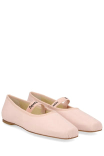 Soft pink Repetto women’s ballerina Lisbeth blue flats with satin finish and delicate ankle straps embroidered black