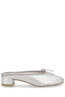 Repetto women’s ballerina mule camille silver in silver metallic leather with low block heel and delicate bow at toe