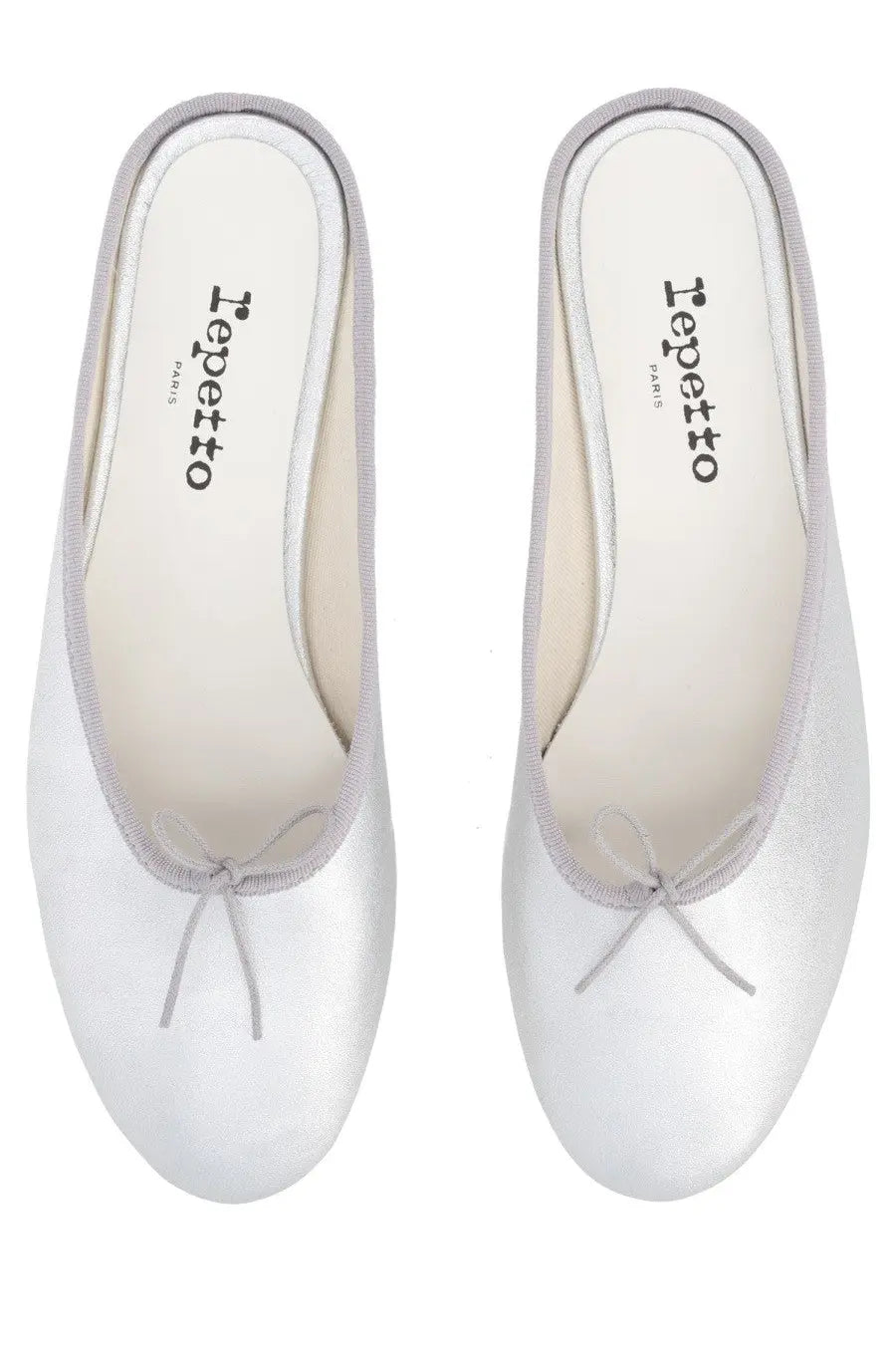 Repetto women’s ballerina mule camille silver white satin ballet flats with gray ribbon bow and matching trim at the toe