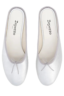 Repetto women’s ballerina mule camille silver white satin ballet flats with gray ribbon bow and matching trim at the toe