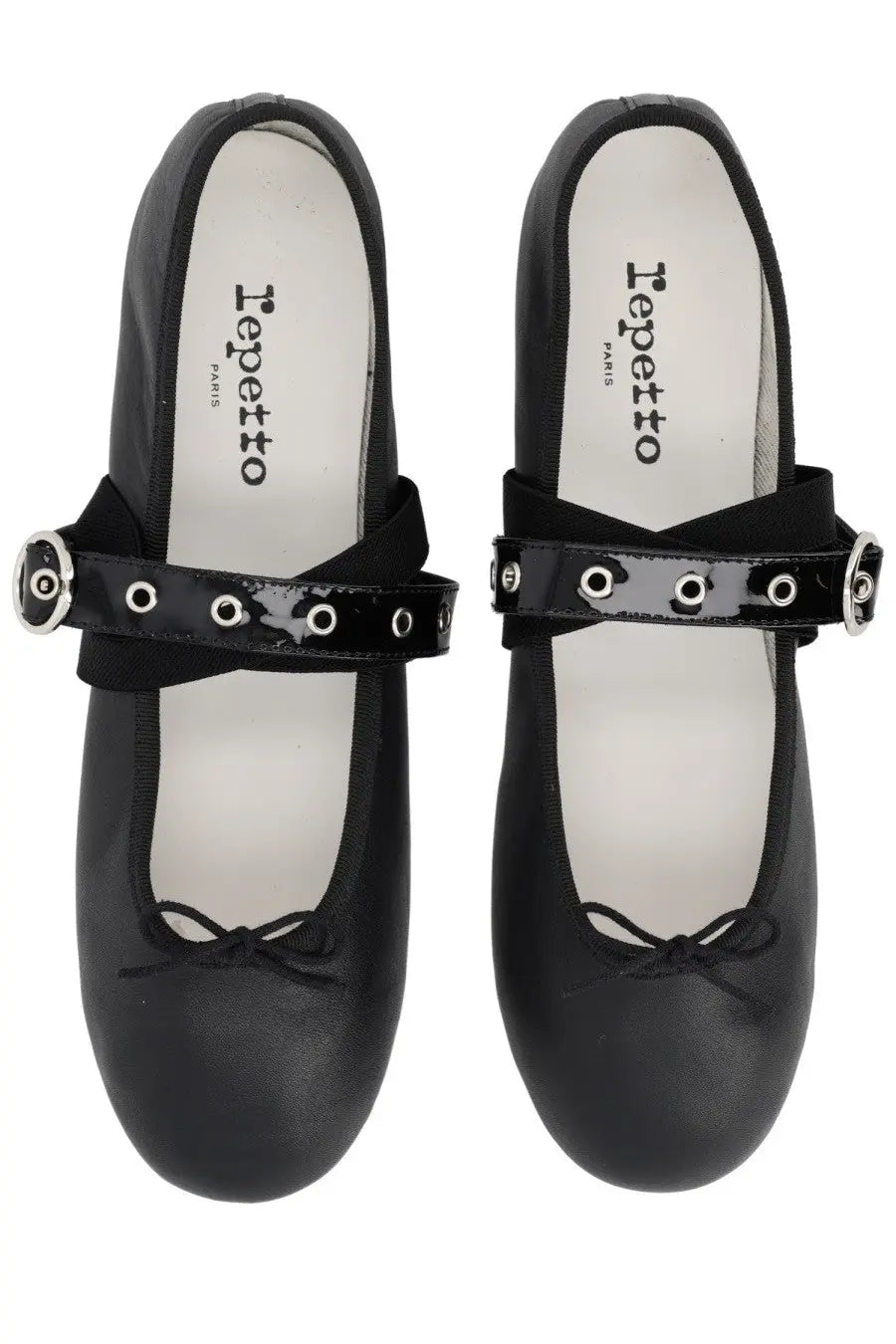 Repetto women’s ballerine ballet twist mary jane flats in black patent leather with silver buckle and decorative eyelets