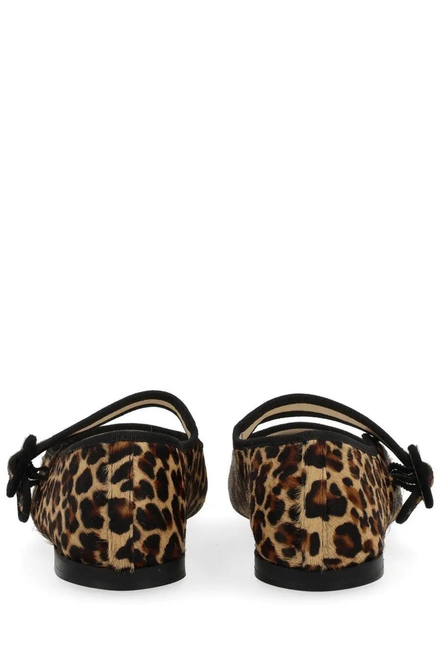 Repetto women’s dancer Georgia pattern leopard-print flat shoes with black ribbon ties and a matte finish