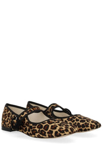 Repetto women’s dancer georgia pattern leopard print flat shoes with black straps and low heel