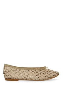 Beige Repetto women’s dancer lilouh ballet flat with quilted sequin pattern and small bow at the toe
